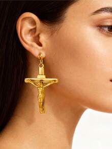 1 PAR de Brincos Argola Vintage Religiosos com Cruz de Jesus para Mulheres, Cor Dourada em Aço Inoxidável, Brincos Egípcios de Moda Punk, Presente de Festival