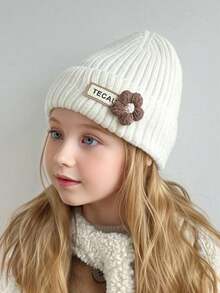 1 Girl's Knitted Hat Cute Flower Baby Bean Hat Winter Thick Warm Knitted Hoodie For Preschool Children And Girls Wool Crochet Headscarf Halloween Accessories