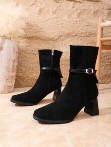 2025 Autumn/Winter New Chunky Heel Round Toe Short Boots, Casual Versatile Retro Fashionable Comfortable Zipper Ankle Boots For Petite Women - Black - View 7