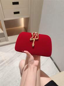 1个魅力金属蛇纹装饰手拿包，奢华闪亮复古金色盒式迷你钱包，时尚迷人，优雅女士晚宴手提包，适合婚礼、主题正式派对、舞会、生日庆典等场合，配有链条 - 紅色 - 查看 3