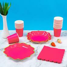 Rose Red & Gold Edged Petal Shaped Disposable Plate, Napkin & Cup Set, Serves 8 Guests, Suitable For Birthday, Wedding, Party, Family Picnic - Multicolor - View 5