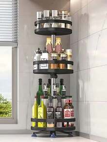 1个不锈钢旋转厨房调料架，多功能浴室台面化妆品收纳架 - 黑色 - 查看 4