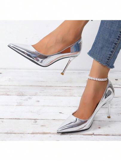 2024 Women's Fashion High Heels, Versatile For Work, Date, Pointed Toe Low Vamp Stilettos, Metallic Rose Gold Color