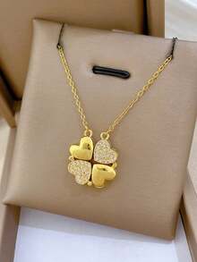 SHEIN MOD 1 件不锈钢心形项链，不褪色铜质全铺镶水钻女士项链，可打开四叶花百搭颈链，情侣礼物珠宝 - 項鍊 - 查看 13