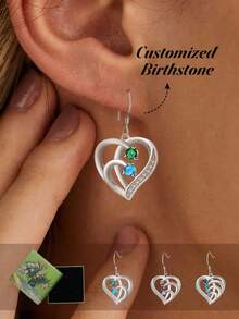 1 Pair Of Customized Birthstone Earrings, Heart-Shaped Earrings, Personalized 2-4 Birthstone Earrings, Customized Jewelry Gift, Silver, Fashionable, Simple, Neutral, Casual, Cute, Customized, Personalized, Unique, Is The Ideal Gift For Him, It Is The Ideal Gift For Her, Girlfriend, Mother, Family, Friends, Suitable For Anniversaries, Birthdays, Graduation Ceremonies, Dances, Parties - Silver - View 1