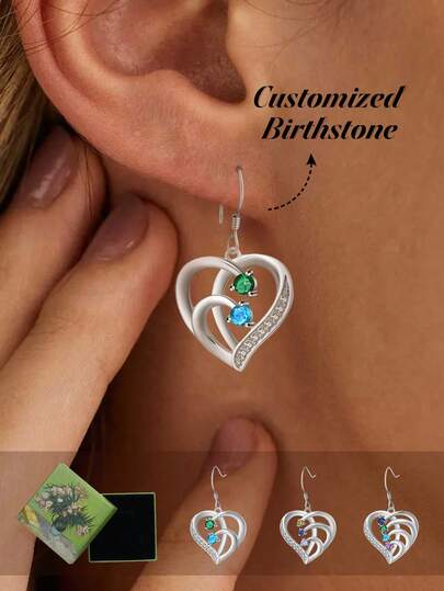 1 Pair Of Customized Birthstone Earrings, Heart-Shaped Earrings, Personalized 2-4 Birthstone Earrings, Customized Jewelry Gift, Silver, Fashionable, Simple, Neutral, Casual, Cute, Customized, Personalized, Unique, Is The Ideal Gift For Him, It Is The Ideal Gift For Her, Girlfriend, Mother, Family, Friends, Suitable For Anniversaries, Birthdays, Graduation Ceremonies, Dances, Parties