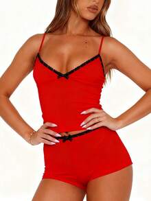 Women Pajamas Set 2 Pieces Loungewear Suits Bow Decor V-Neck Sleeveless Cami Tops And Shorts Sleepwear Outfits - 紅色 - 查看 3