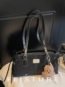 1 pieza de bolso de hombro vintage FEISTURE de gran capacidad, de material PU, estilo bolera, para mujer, ideal para ir al trabajo o a la escuela. Incluye un accesorio de regalo al seguirnos en la tienda. - Negro - Ver 2