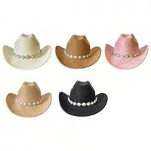 Women's Felt Cowgirl Hat Wide Brim Jazz Cap Stylish Pearl Chain Design Western Hat For Daily Life  Party - trắng - Xem 6
