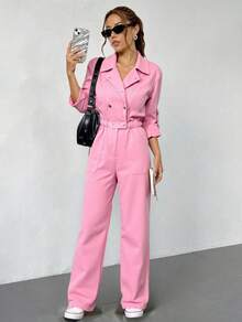 Jumper elegante para mujer largo liso con cintura elástica y solapa de moda - Rosa - Ver 2