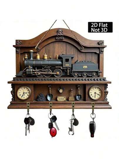 2D Flat Retro Train And Track Pattern Decorative Wall Clock With Four Metal Hooks, Suitable For Porches, Rooms, And Villas. Multifunctional Home Decor Wooden Key Holder, Villa Decoration, Porch Decoration, Retro Design, Rustic Wall Art, Versatile Storage Organizer, Minimalist Decor, Home Storage.