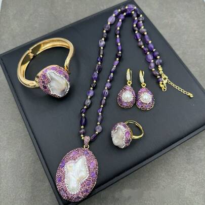 1 Set Baroque Style Purple Cultured Pearl Necklace, Earrings, Open Ring, Open Bracelet, Exquisite High-End Vintage Jewelry Set