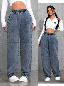 JOGGER MEZCLILLA DAMA  CON ELASTICO EN CINTURA Y TOBILLOS  CON CORTES SIMULADOS EN PIERNAS AMPLIO PARA TODA OCASION - Azul - Ver 1