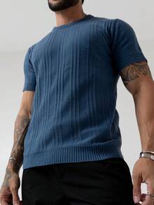 TRICOT DE LUXO Men's T-Shirt/Knit Sweater With Embossed Details, Chic, Lightweight, Textured, High Quality, Spring, Summer, Autumn - 霧霾藍 - 查看 5