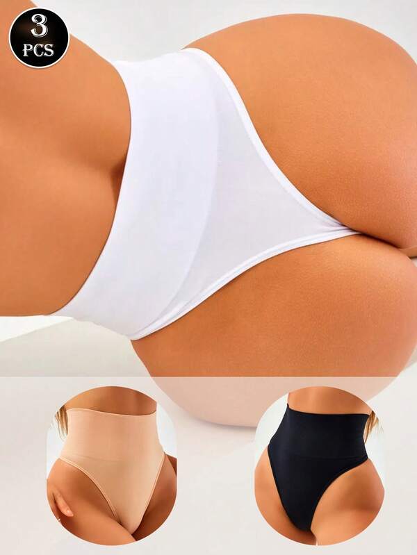 Conjunto de 3 peças de calcinhas fio dental femininas, sem costura, cintura alta, cor sólida, para mulheres, para ioga, design modelador pós-parto, Ano Novo.