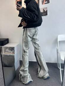 American Street Retro Heavy Fringed Black Ribbon Gradient Jeans Men's High Street Vibe Style Horn Pants Men - Xám - Xem 2