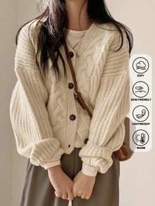 JIANHU Women's Vintage Chunky Knit Cardigan For Fall & Winter - Button Front, Long Sleeve, Perfect For Valentine's Day And Beyond,Long Sleeve Tops - Apricot - View 2