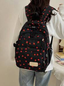 三件套黑色尼龙休闲清新草莓蝴蝶结樱桃印花提花拉链可折叠大容量多口袋背包，适合女性日常搭配、大学生、培训、上学、购物、旅行 - 黑色 - 查看 6
