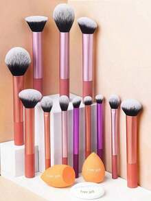 12pcs Multi-Functional Makeup Brush Set Including Powder Brush, Blush Brush, Foundation Brush, Eyeshadow Brush, Blending Brush, Contour Brush, Along With An Oblique Cut Makeup Sponge, Rounded Makeup Sponge, And White Powder Puff,Summer Style, Back To School,Travel,Travel Essential,Valentine's Day,Cheap,Travel Makeup Brush,Gifts Women,Makeup Artist,Professional Complete Makeup Kit - Nhiều màu - Xem 1