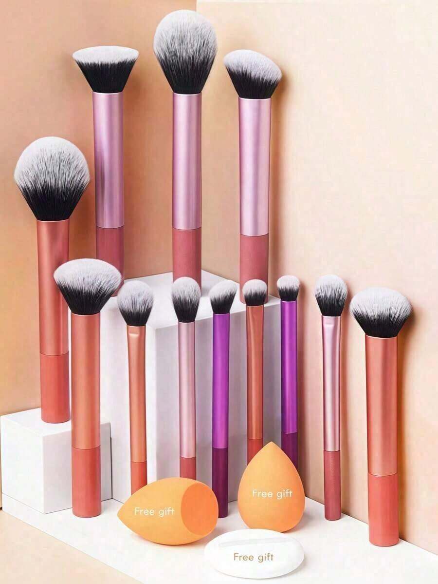 12pcs Multi-Functional Makeup Brush Set Including Powder Brush, Blush Brush, Foundation Brush, Eyeshadow Brush, Blending Brush, Contour Brush, Along With An Oblique Cut Makeup Sponge, Rounded Makeup Sponge, And White Powder Puff,Summer Style, Back To School,Travel,Travel Essential,Valentine's Day,Cheap,Travel Makeup Brush,Gifts Women,Makeup Artist,Professional Complete Makeup Kit - Nhiều màu - Xem 1