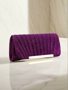 Rhinestone Embellished Women's Evening Bag, Small Envelope Style Handbag, Satin Shoulder Chain Handbag, Shiny Purple Cocktail Bag - Purple - View 9