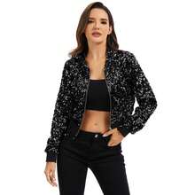 Women's Sequin Zip-Up Hooded Jacket With Ribbed Hem And Long Sleeves For Party Wear - Black - View 5