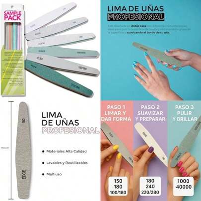 Set Profesional de 6 Limas para Uñas Naturales o Acrílicas, Producto Mejorado, Lavables, Reutilizables, Grit Edge 150/180/240, Flex 100/180, 220/280, Shiner 1000/4000, Lima para Manicure y Pedicure(default)