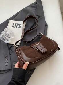 Retro Sweet-Edgy Girl Biker-Style Underarm Bag Niche Textured Crescent Bag With Metal Ventilation Holes Crossbody Shoulder Bag Designed For Women, Ideal For Commuting - 咖啡棕 - 查看 4