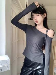 系带肩部镂空长袖修身 T 恤，不对称下摆性感套头衫 - 灰色 - 查看 7