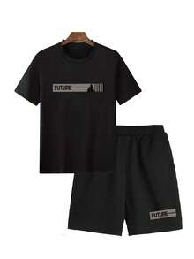 Conjunto de 2 piezas para Hombre con Estampado: Camiseta de Cuello Redondo y Manga Corta y Shorts Cómodos - Negro - Ver 1