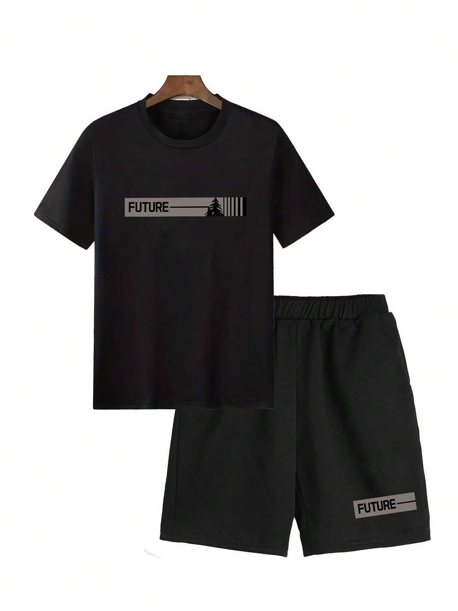 Conjunto de 2 piezas para Hombre con Estampado: Camiseta de Cuello Redondo y Manga Corta y Shorts Cómodos - Negro - Ver 1