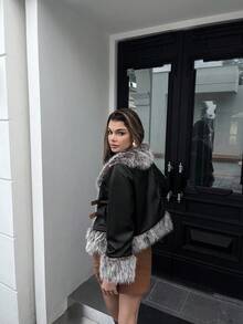 Women Cool Black Contrast Faux Fur Trim PU Leather Jacket Double Buckle Strap Coat Warm Winter Moto Aviator Style Sexy Christmas New Year Party Outerwear - Black - View 4