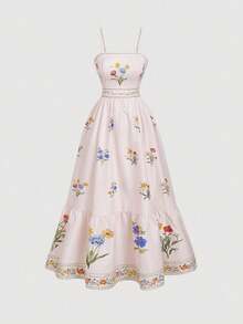 Women's Long Dress, Halter Neck Style With Vintage Print, Gathered Waist At The Back, Adjustable Straps, Elegant Dress. - Xem 3
