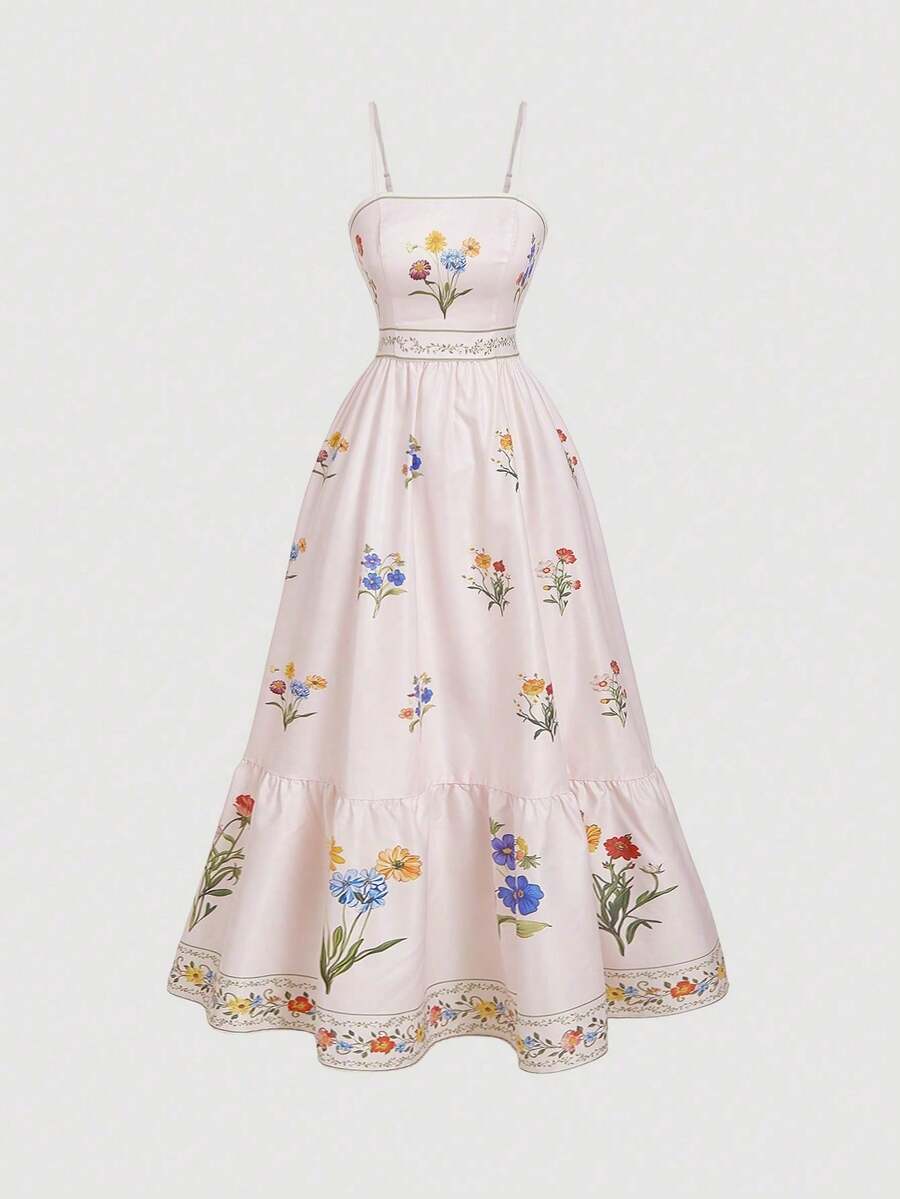 Women's Long Dress, Halter Neck Style With Vintage Print, Gathered Waist At The Back, Adjustable Straps, Elegant Dress. - Rosa - Ver 1