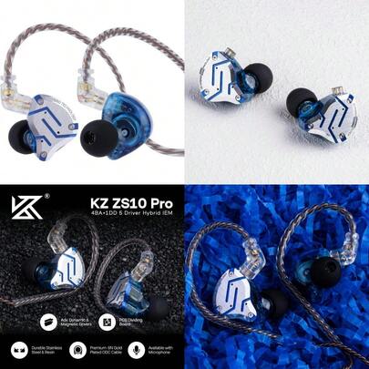 KZ ZS10 Pro 4BA+1DD 5 Driver In Ear Monitor HiFi Wired Earbuds Gaming Earbuds Hybrid IEM Earphones With Stainless Steel Faceplate Detachable Cable For Musician With Mic Glare Blue