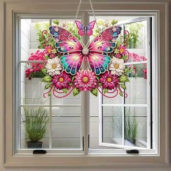 Bohemian Butterfly Acrylic Diamond Art Wreath Set - Special Shaped Crystal Window Hanging Decor & Wall Decoration, No Power Needed