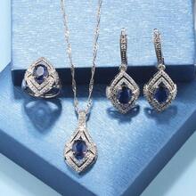 6-Colors Bridal Wedding Fashion Accessory Luxury Quality Colorful Cubic Zirconia Earrings And Necklace Open Ring For Women Jewelry Sets Preferred For Gift-Giving - Green - View 6