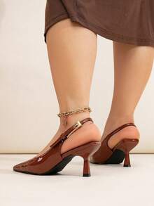 Breit geschnittene braune glänzende Metallic-Schnallen-Dekor Riemen Stiletto-Absatz Kleid Pumps, vielseitig für den täglichen Gebrauch, Bankette, Partys, Mode für Frauen in Große Größen, burgunderrote Absätze - Braun - Übersicht 6