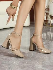 Women's Casual Flat Hollow-Out Fashion Pumps,Chunky Heels - Apricot - View 5