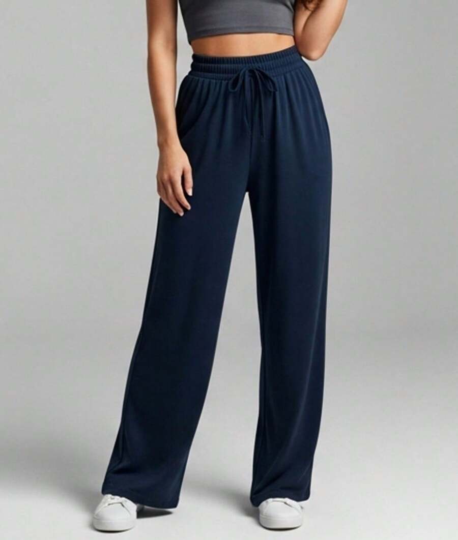 Wide Leg Pants With Flare Leg, Sophisticated Fit, Structured Style, High , Contemporary, Casual, Comfortable, Modern, Chic - 藏蓝色 - 查看 1
