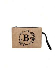 1 pieza Bolsa con cremallera de lino con estampado de letra, patrón de letra floral de moda, monedero, bolsa de cosméticos, regalo para mujeres, maestras, organizador de viaje: perfecto para exteriores y belleza, adecuado para mujeres, madres, amigas, damas de honor, estudiantes, vuelta al colegio, maestras - Caqui - Ver 16