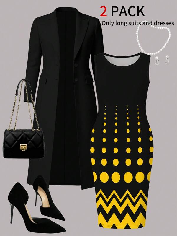 Conjunto de 2 peças de roupa casual feminina plus size, blazer longo de cor sólida, casaco cardigan + vestido midi elegante com estampa de bolinhas, outono/inverno