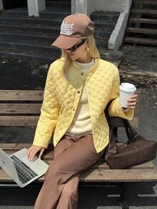 新款休闲法式立领时尚女士羽绒服 - 鵝黃色 - 查看 2