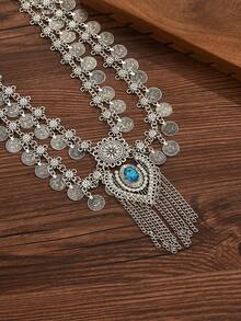 1件复古时尚微镶嵌蓝色仿宝石V形流苏硬币身体链，夸张流苏硬币腰链服饰配饰，适合女性日常、度假、派对穿着 - 銀色 - 查看 4