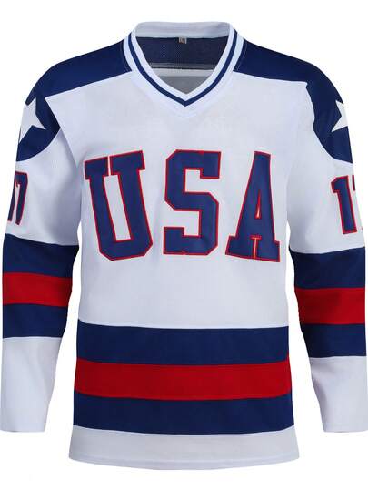 Camiseta de manga larga con cuello en V bordada y cosida, de color blanco, con el número 17 de Estados Unidos, para hockey sobre hielo casual y deportes de fiesta