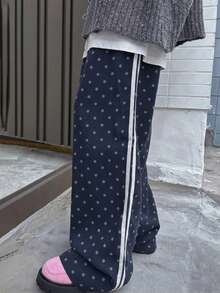 2025 Summer Women's Casual High Waist Slim Polka Dot Straight Leg Pants - Navy Blue - View 4