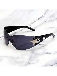 1PC Frameless  One-Piece Y2K Metal Pentagram Women's Fashion Glasses Concave Shape Decorative Glasses - Black - View 7