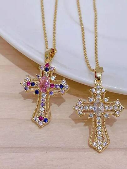 1件复古朋克十字架吊坠项链，闪亮透明中心装饰，醒目吸睛的饰品，休闲朋克风格配饰，男女皆宜，优雅礼物