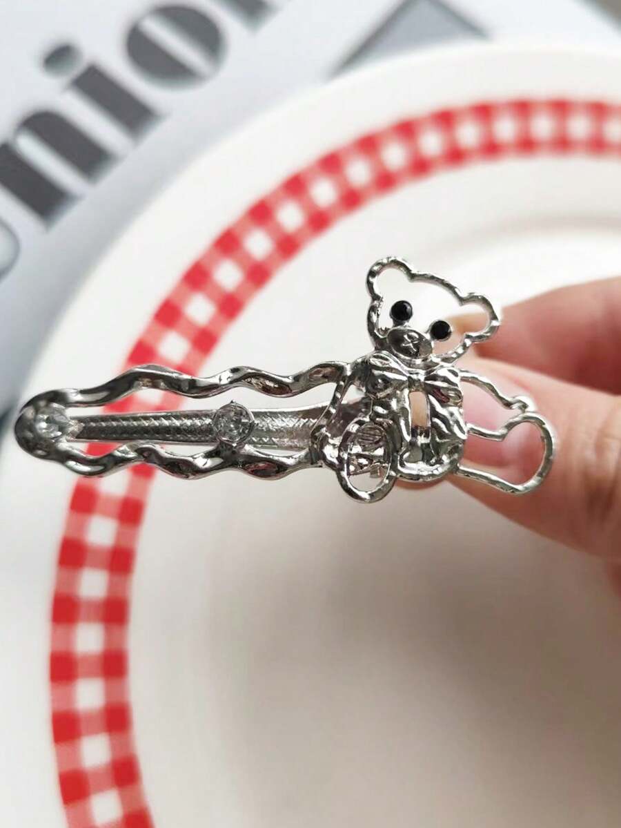 1 kẹp tóc hình gấu rỗng màu bạc, phụ kiện tối giản giản dị - Bạc - Xem 1