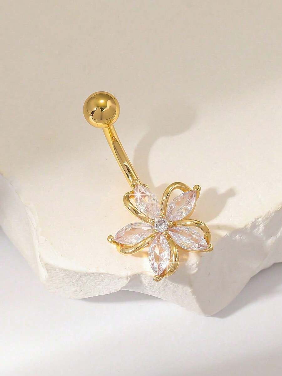 1pc Copper Plated Flower Belly Button Ring, Fashionable, Elegant, Versatile, Sexy For Party, Beach, Daily Casual Wear, Holiday Gift (Handmade, 1-3cm Tolerance)